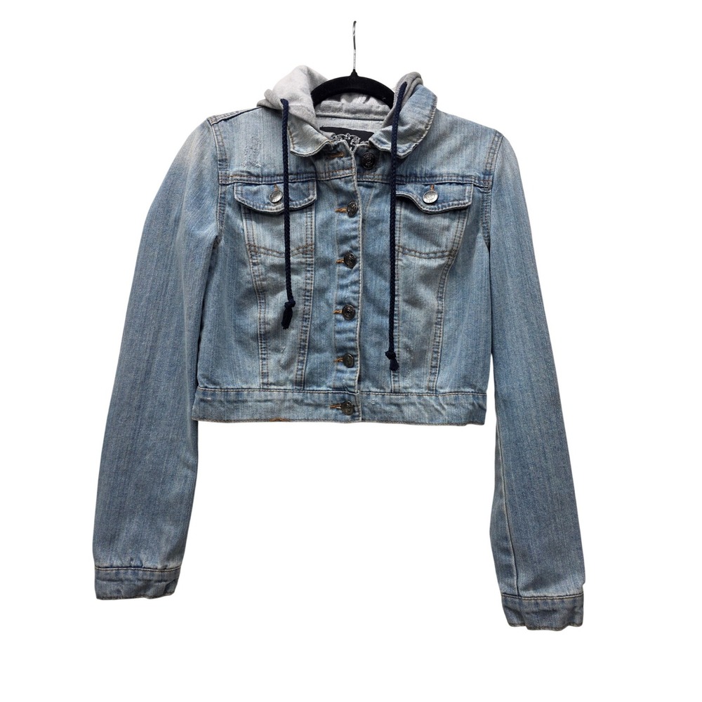 Chocolate USA Juniors Medium Light Wash Hooded Denim Jacket Cropped Distressed